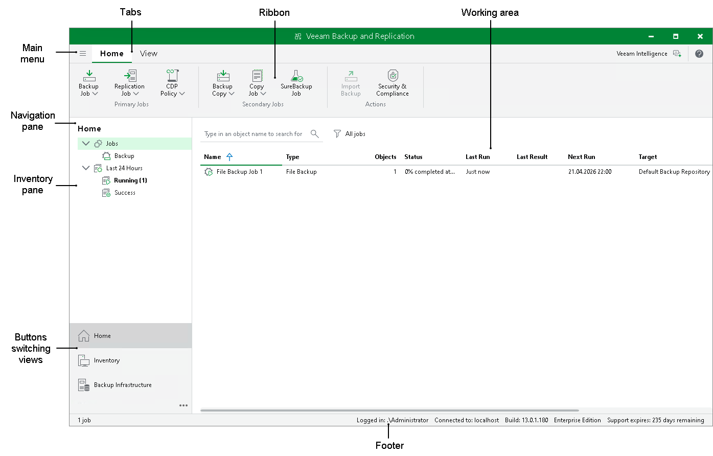 Veeam Backup & Replication console showing a file backup job, its status, and backup and replication controls.