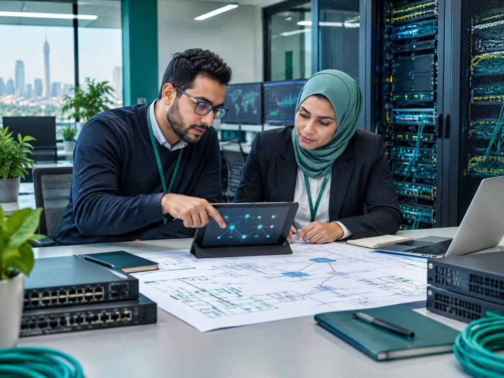 Two Egyptian IT specialists planning a network deployment