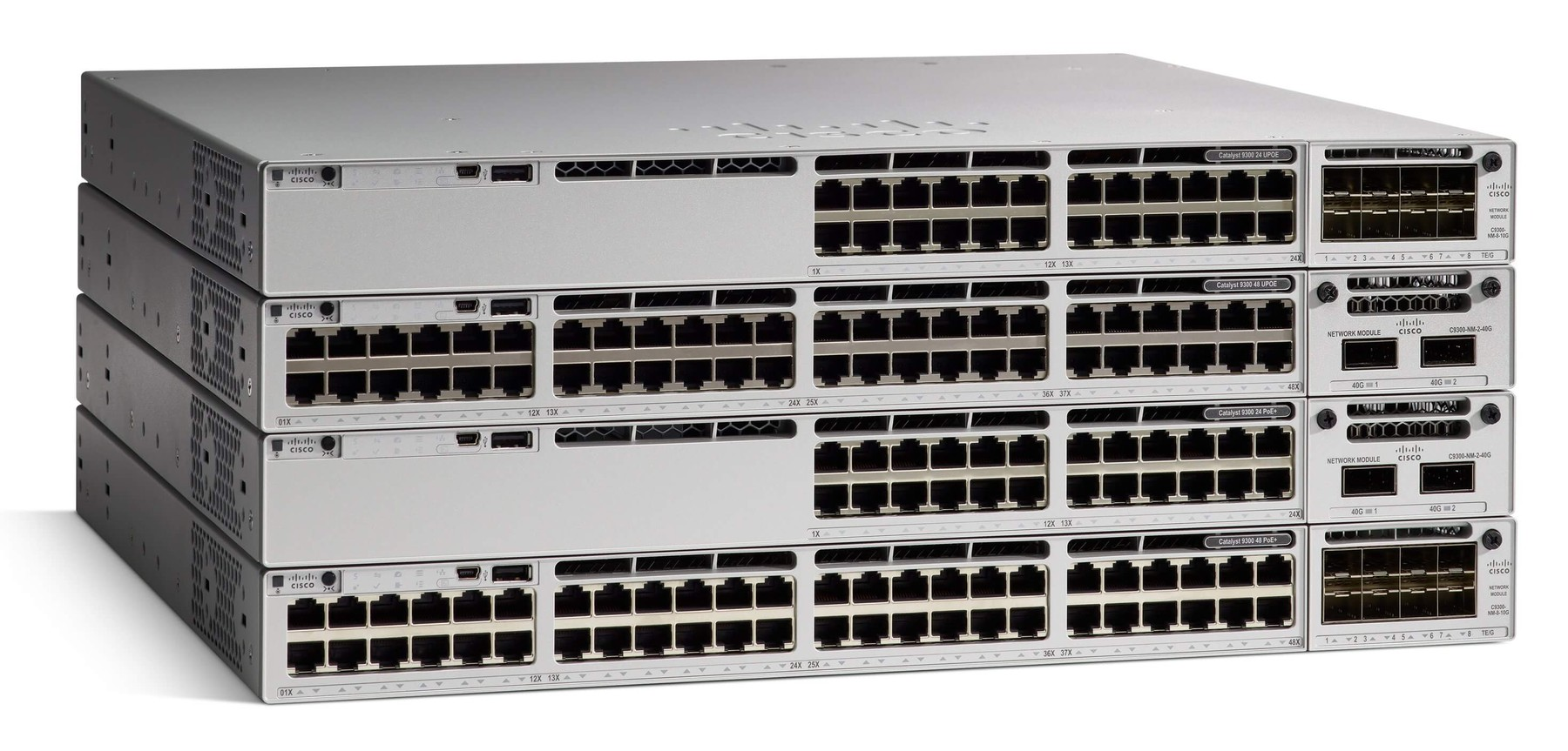 A stack of Cisco Catalyst 9300 Series enterprise network switches.