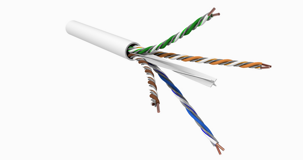 Product rendering of CommScope GigaREACH XL 1073A Category 6 cable with a white jacket and exposed twisted copper pairs.