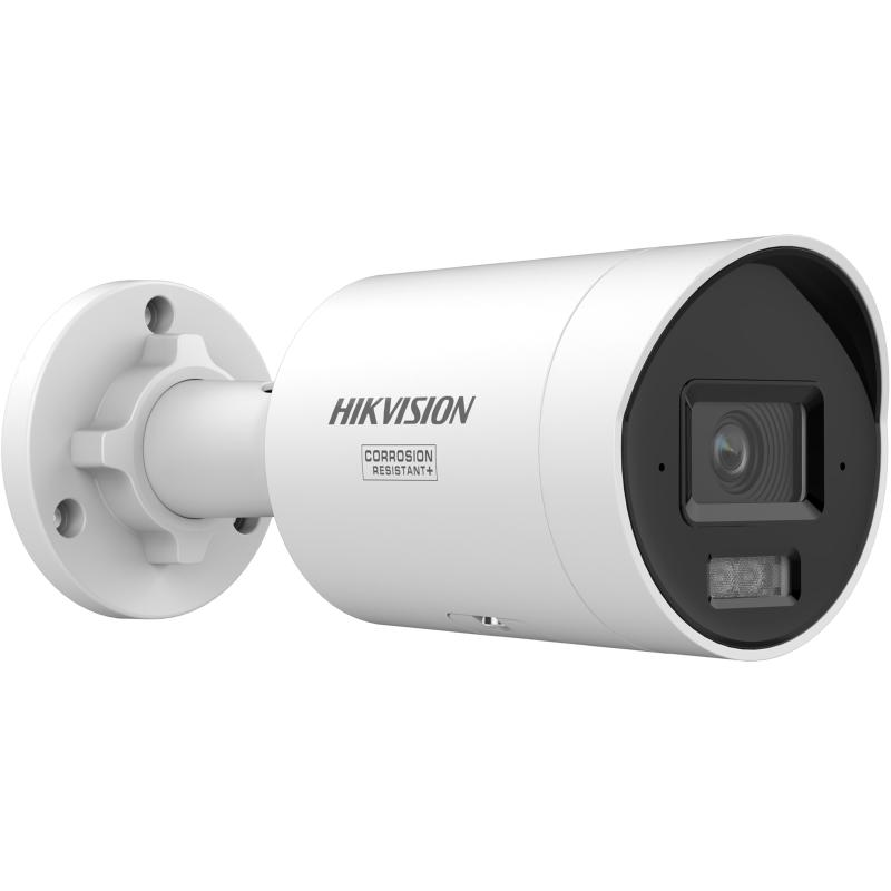 Hikvision white bullet network camera with a front-facing lens and wall-mount base.