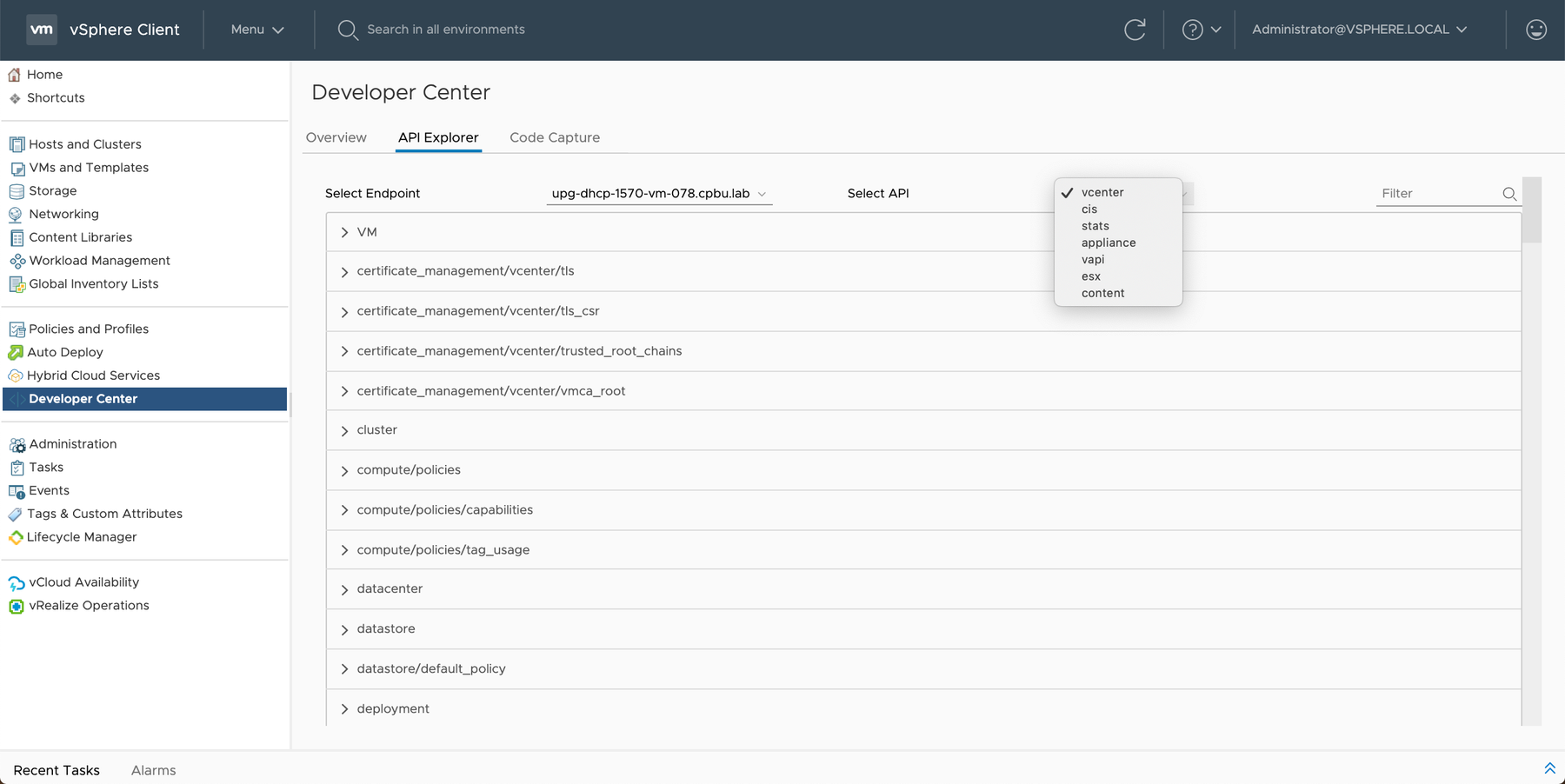 Screenshot of the VMware vSphere 7 Client showing the API Explorer interface.